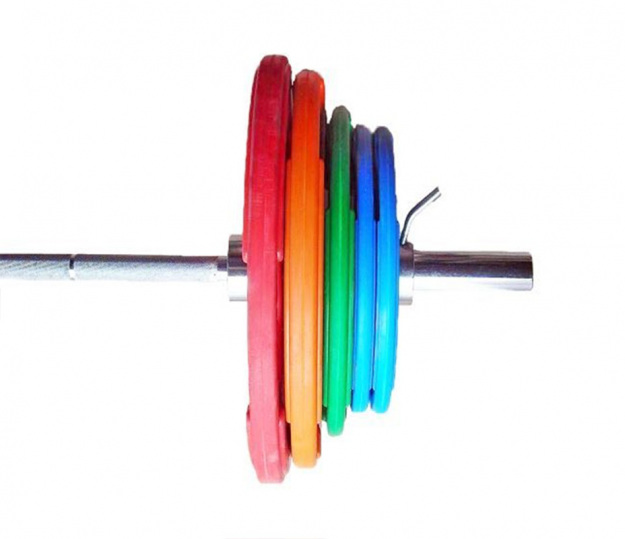 Штанга тренировочная 150 кг в комплекте с обрезиненными цветными дисками (Гриф 2200мм, Ø 50мм)